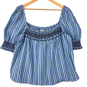 Faherty Top Womens Large Presley Seersucker Coast Boho Smocked Peasant Fairycore